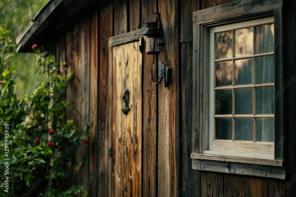 Poster a small wooden building with a window and door, suitable for outdoor or rustic settings