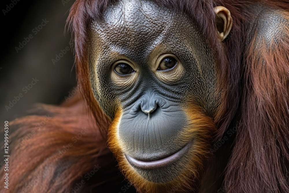 Poster close-up shot of an orangutan looking directly at the camera, with a curious expression