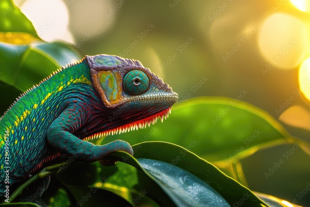 Poster a colorful chameleon sitting on top of a green leaf, showing its vibrant scales and alert expression