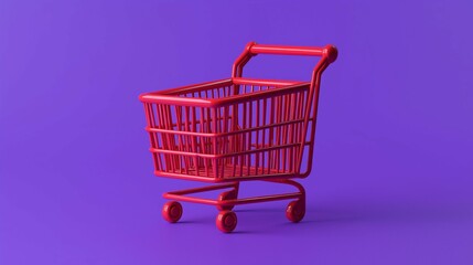 Empty red shopping cart on chrome wheels isolated in a retail store