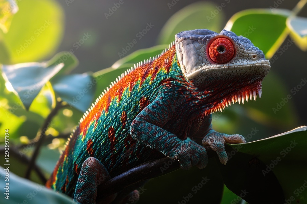 Poster a colorful chameleon perched on a tree branch, highlighting its unique appearance and natural surrou