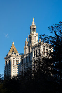 View of new york city courthouse surrounded by trees under a blue sky, new york, united states of america.