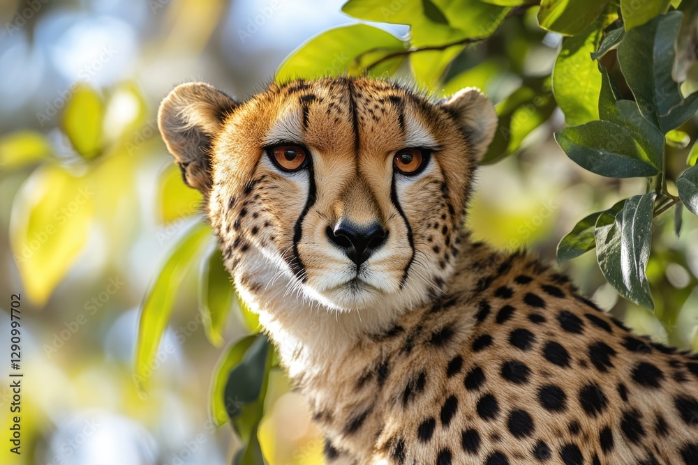 Poster Close-up shot of a cheetah resting in a tree, one informative phrase and a short advice where may be used this picture
