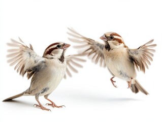 two sparrows spreading wings on white background