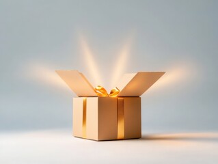 Open gift box with golden ribbon and light beams