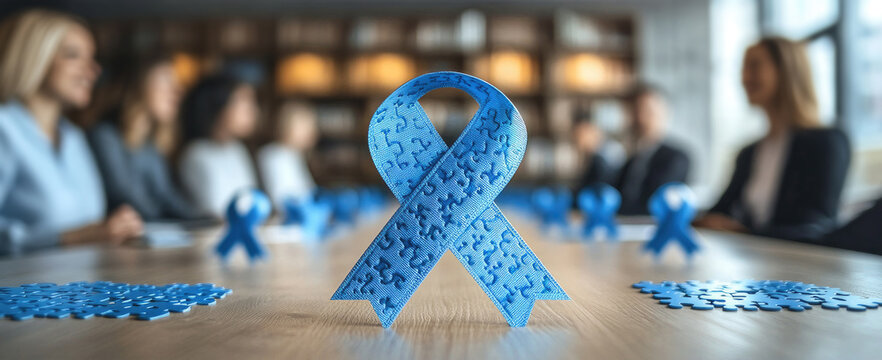 Office team gathered around a table with blue awareness ribbons and puzzle piece decorations, symbolizing autism support, inclusion, and workplace diversity - Powered by Adobe