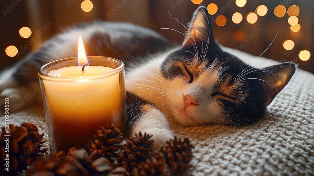 Poster sleeping cat beside candle with warm bokeh lights in background. cozy atmosphere creates peaceful an