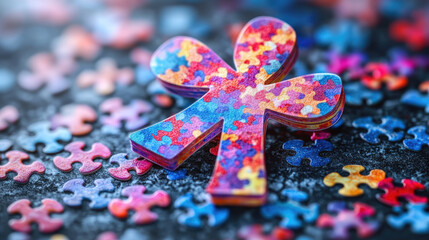 Futuristic machine displayed with a colorful autism awareness ribbon on a vibrant puzzle piece background, highlighting support and inclusivity efforts throughout the day