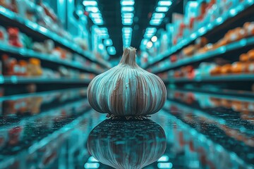 Single Garlic Bulb in Supermarket Aisle Reflection
