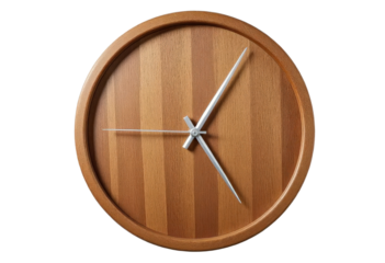 Wooden round clock with metallic hands and transparent background