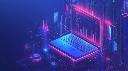 Futuristic Laptop with Data Streams and Virtual Graphs, Futuristic digital illustration of a laptop surrounded by glowing data streams and virtual graphs