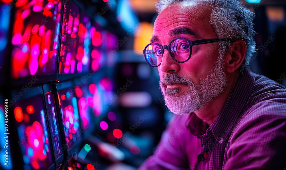 Poster engineer analyzing data in low-light environment with advanced imaging technology and multicolored s
