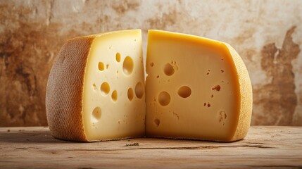 A piece of cheese cut into two halves with holes in each half, suitable for serving or using as a decorative element