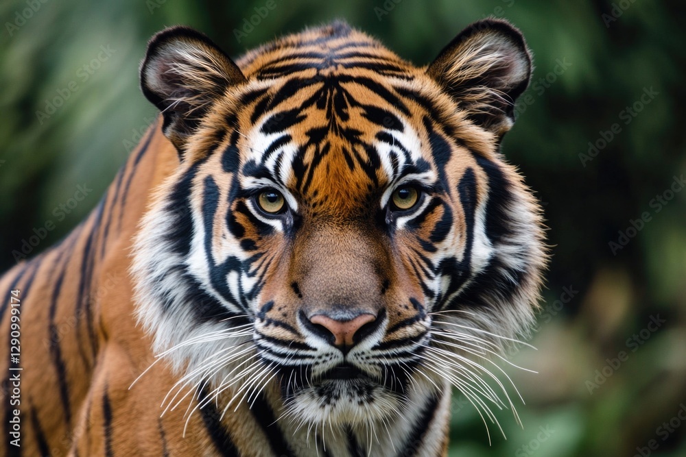 Poster close-up view of a tiger's face amidst tree foliage