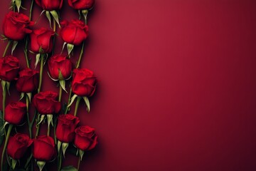 Red roses arranged, burgundy backdrop, Valentine's Day, greeting card