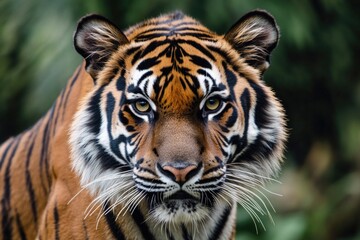 Fototapeta premium Close-up view of a tiger's face amidst tree foliage