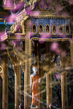View of ornate golden buddha statue in serene temple setting, West Park, Asian Garden, Munich, Bavaria, Germany.