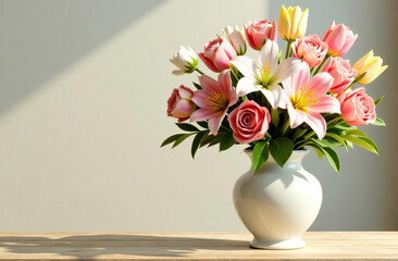 Obraz premium Mother's Day. An elegant vase filled with various colors: roses, lilies and tulips. An empty place for the text.