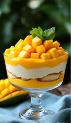 A refreshing summer mango parfait with layers of cream, sponge cake, and tropical fruit, presented in an elegant glass bowl.