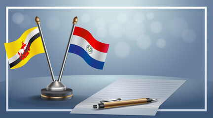 Brunei and Paraguay National flags on small table with bokeh background, cooperative relationship. Template vector Illustration