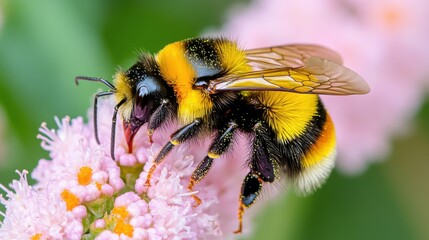 Close-up view of a bee collecting nectar from a vibrant flower in a sunny garden
