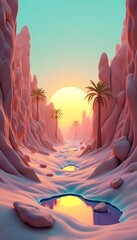 Sunset Oasis Pink Canyon Landscape with Palm Trees and Water Reflections