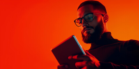 Stylish bearded man using a tablet against a bold red background