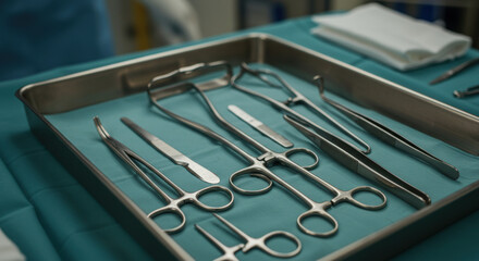 Surgical instruments laid out ready for operation use