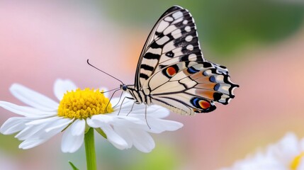 Close-up view of a butterfly gently landing on a delicate flower in a vibrant garden setting during the early morning hours