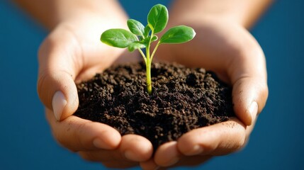 Close-up of hands nurturing a young sprouting plant in rich soil, symbolizing growth and environmental care