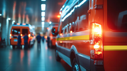 Emergency Vehicles Lined up in a Busy Urban Location During Night