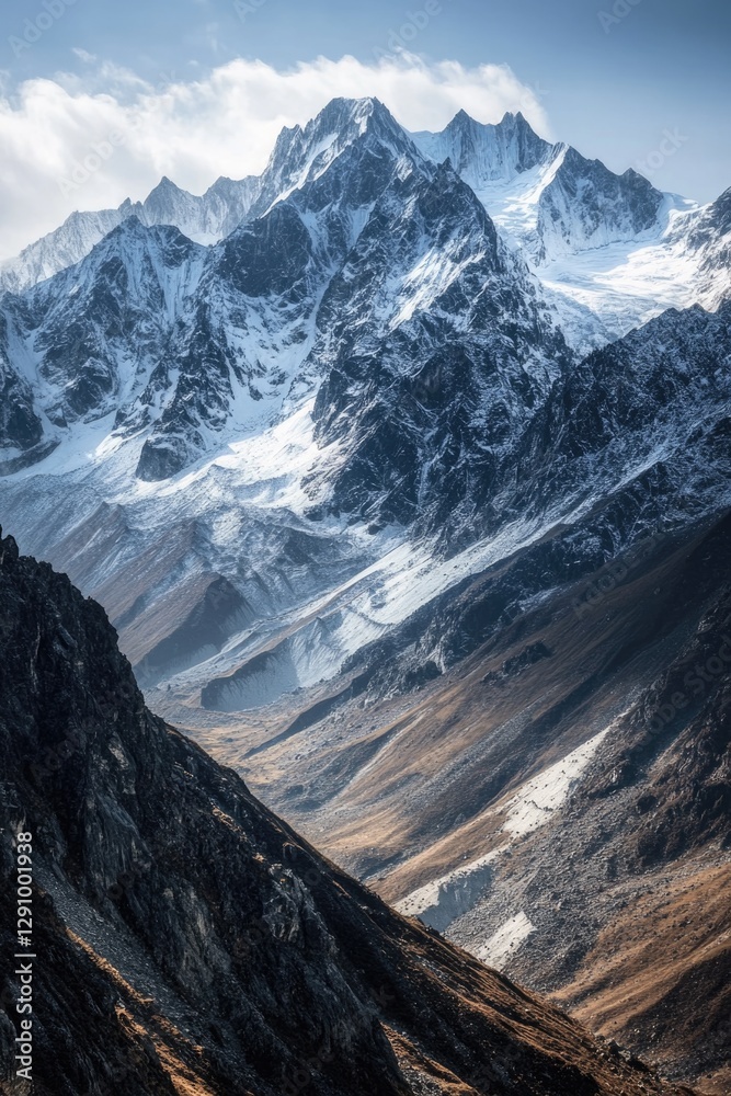 Aufkleber a serene landscape featuring a mountain range with a snowy peak in the background, ideal for use in 