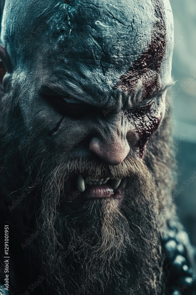Poster portrait of a man with a long beard, focused expression