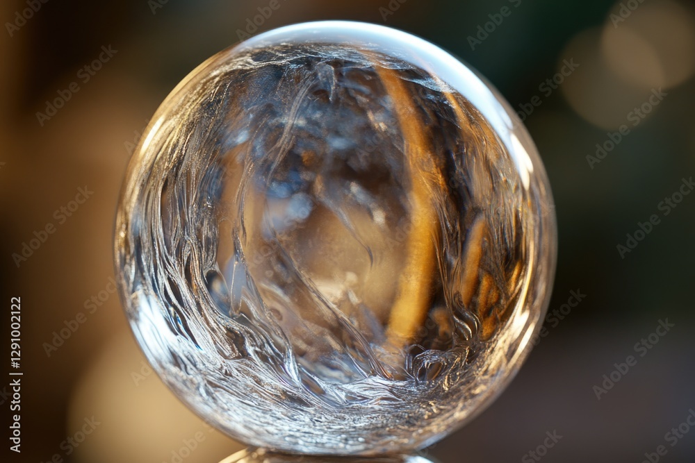 Poster a close-up shot of a glass ball sitting on a table, with soft lighting and a simple background