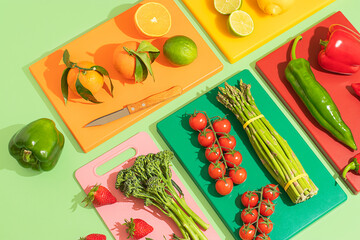 Colorful arrangement of fresh fruits and vegetables on cutting boards