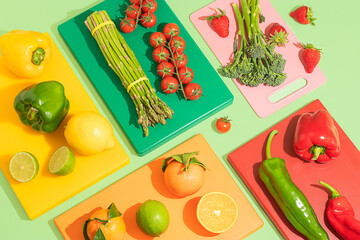 Fresh fruits and vegetables on colorful cutting boards