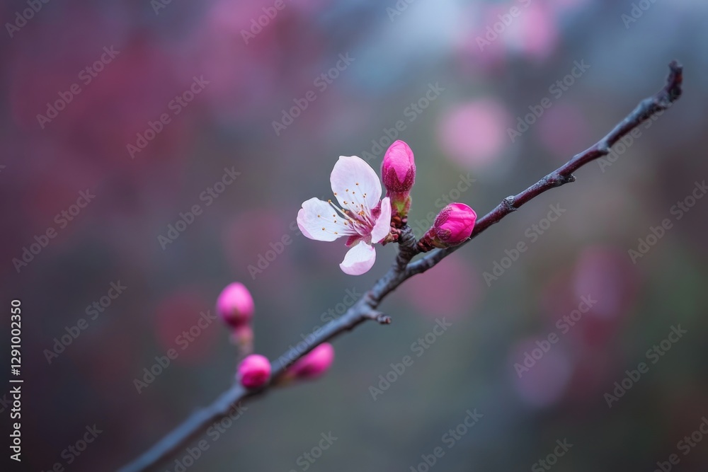 Poster a single pink flower grows on a branch with a blurred background