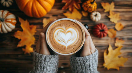 A person holding up an ornate latte with heart-shaped foam, surrounded by autumn decorations like pumpkins and leaves on a wooden table