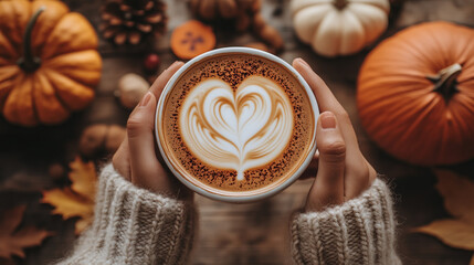 A person holding up an ornate latte with heart-shaped foam, surrounded by autumn decorations like pumpkins and leaves on a wooden table