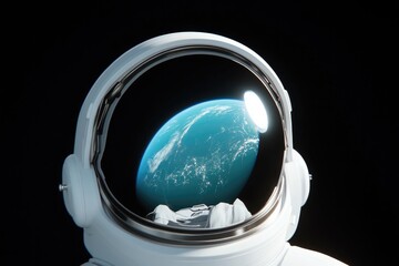 Astronaut helmet reflects vibrant Earth against vast cosmic back