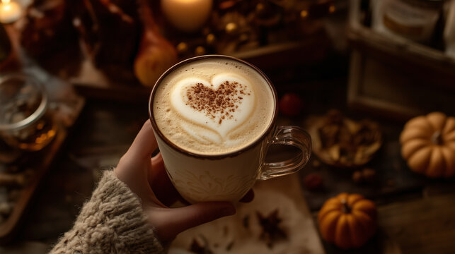A person holding up an ornate latte with heart-shaped foam, surrounded by autumn decorations like pumpkins and leaves on a wooden table