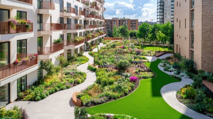 Community rooftop garden featuring lush raised beds and vibrant pathways for relaxation and growth