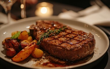 Luxurious steak dinner plated with gourmet sides, elegant restaurant lighting, and moody ambiance