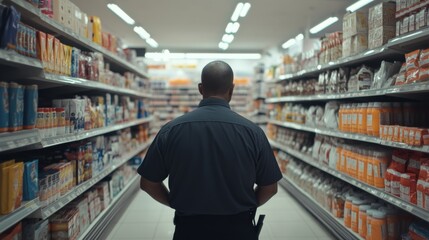 Thief alert at a supermarket, staff noticing suspicious activity. Featuring quick action and security awareness