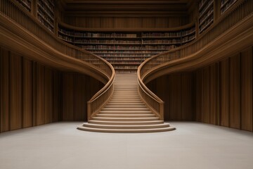 Elegant staircase curves gracefully within spacious wooden libra