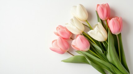 Fototapeta premium Delicate arrangement of soft pastel tulips on a neutral background for spring decoration