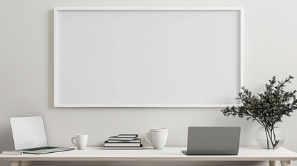 A white rectangular frame above a hallway console table, surrounded by a cup, a laptop, and a small stack of books.  HD 8K mockup  wallpaper Photographic Image