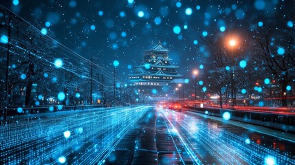 Osaka Castle Outlined in Blue Dots on a Snowy Night with Digital Network Style Light Trails, Japan