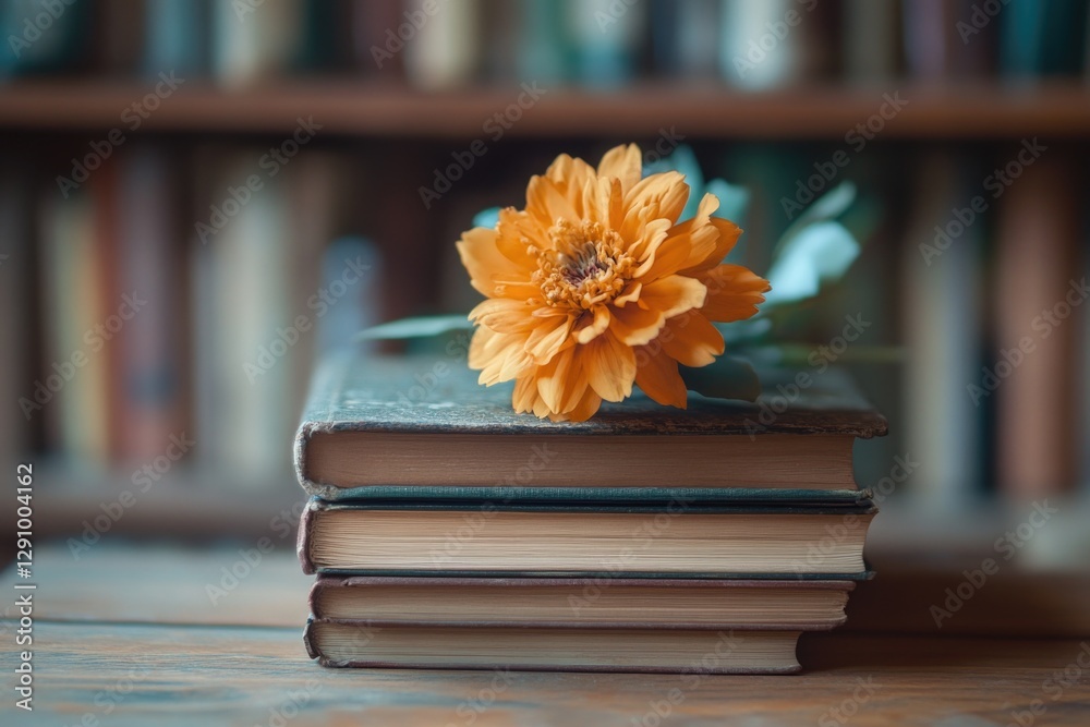 Poster a single yellow flower sits atop a pile of books, providing a pop of color and simplicity