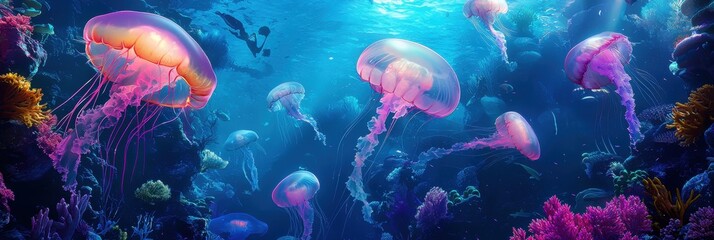 Fototapeta premium Mesmerizing underwater world with glowing jellyfish and coral reefs